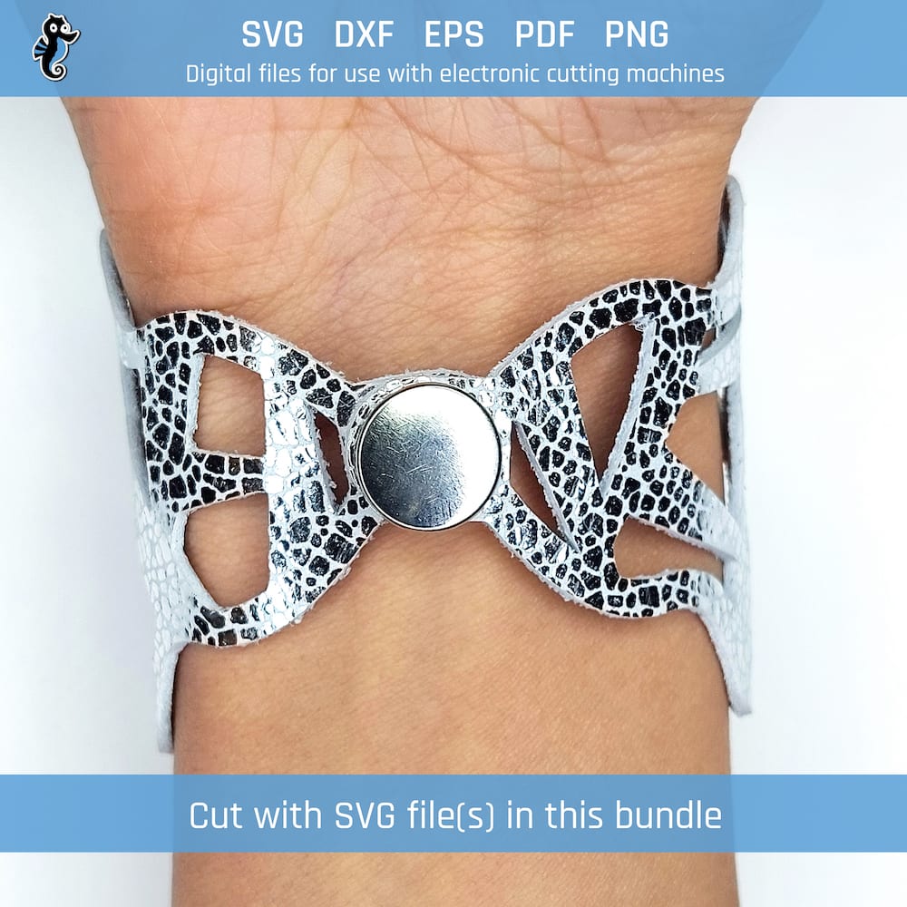 Assorted pattern bracelet bundle demo 3 Example of a leather bracelet cut from an SVG design file in this bundle. The design is features a strobe light pattern.